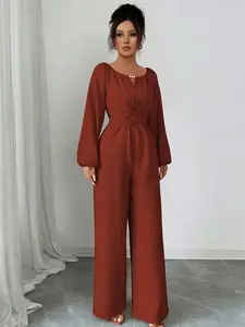 A women's orange cross-waist back bow design small V-neck front hollow design jumpsuit, suitable for spring and autumn, suitable for daily commuting home wear, street photography, etc.
