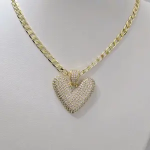 20 Inches Gold Plated Heart Pendant Necklace with Cubic Zirconia Stones for Women
