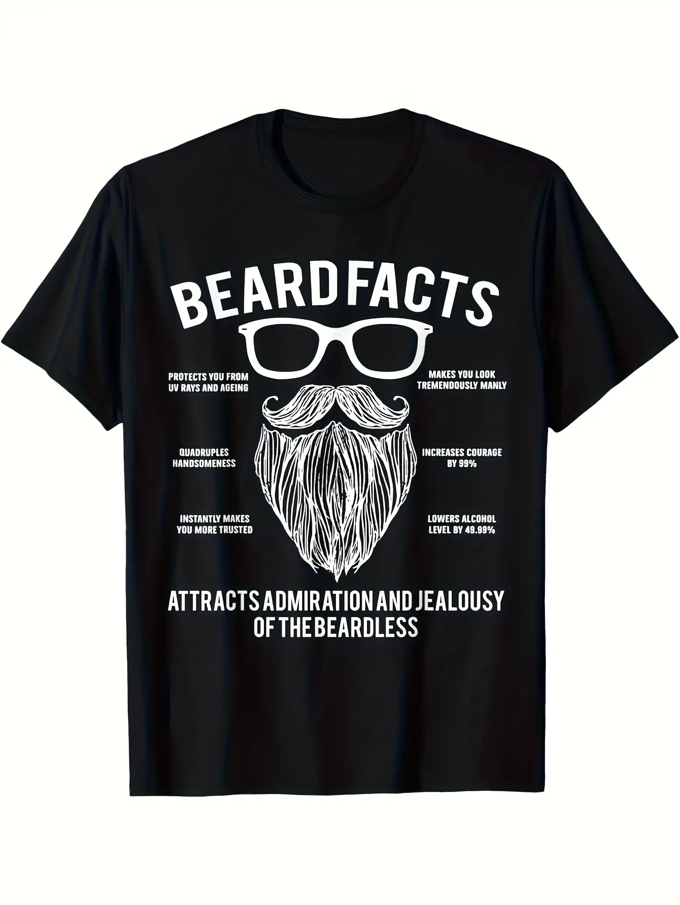 Beard Enthusiast Humorous Beard Facts T-Shirt, 100 unisex soft cotton short sleeve t shirt, vintage graphic casual tee for men women teens, perfect birthday holiday gift for camping travel gym daily street casual wear