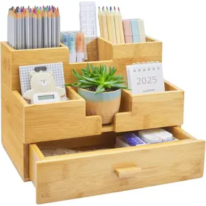 Bamboo Desk Organizer - Makeup & Pen Storage with Drawer & Pencil Holder for Office Organization