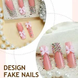 Nails 24 Piece Long Square Coffin Glossy light pinkish French tips with Bows & Rhinestones for Manicure and Nail Care - Cutics, Comfort, Cosmetic, Set, Polish