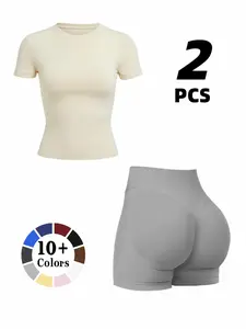 Women's Fashion Casual Short Sleeve Sports Set, Lightweight Breathable Fabric, Durable Comfort Fit, Workout Running Clothes, Running & Training, Outdoor Sportswear, Sporty Style Outfits, Sportswear Clothing