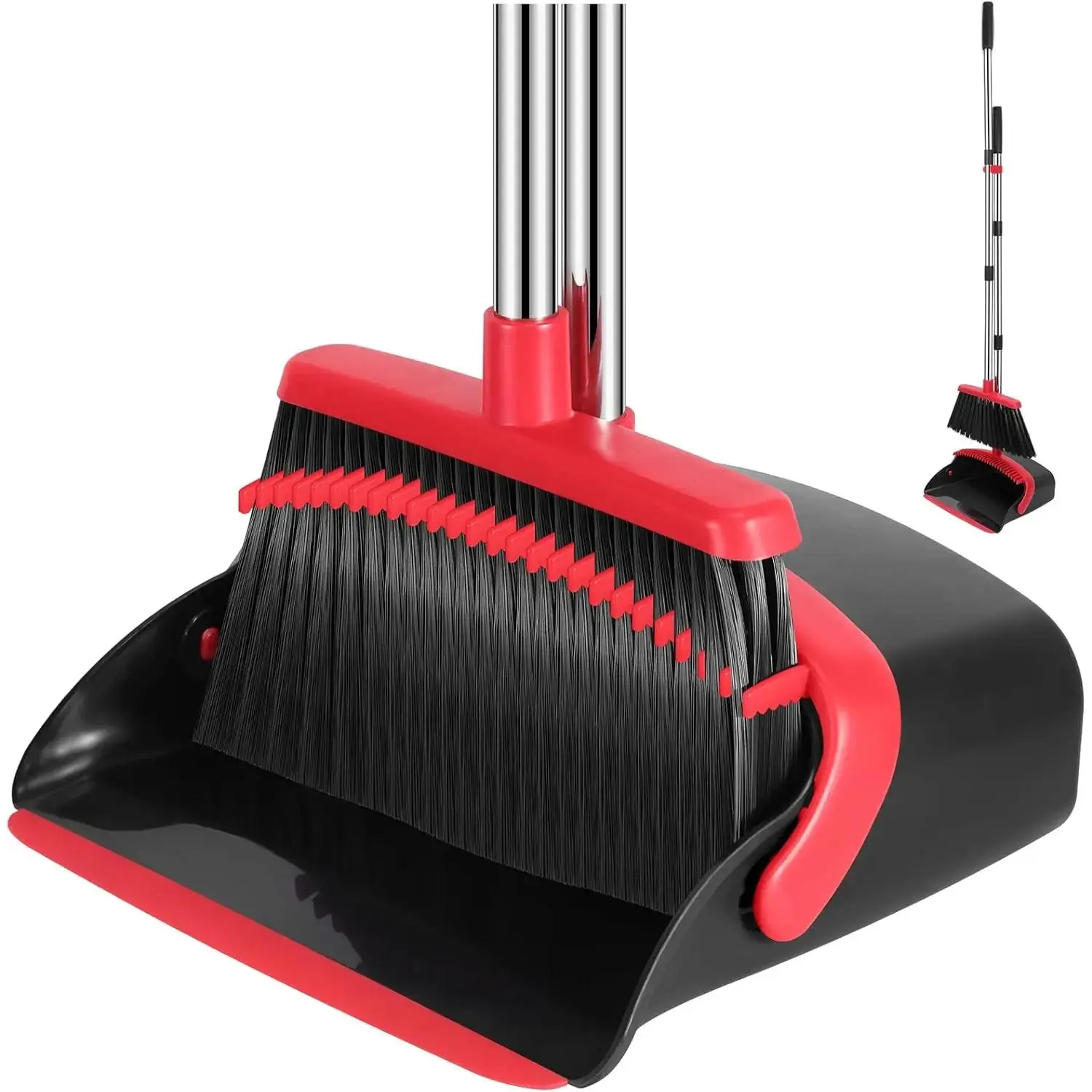 Broom and Dustpan Set - 52-Inch Adjustable Handle Broom with Dustpan Teeth, Suitable for Home Kitchen, Office, and Hall Floor