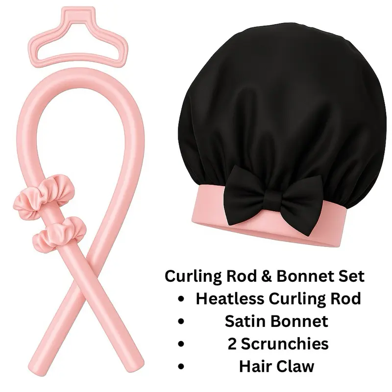 Heatless Curling Rod Headband & Satin Bonnet Set - No Heat Silk Ribbon Curler with Hair Claw Clip for Curly & Straight Hair - Convenient Portable Design - Perfect Gift