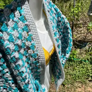 Teal & Grey Cardigan 12-14 Crochet Granny Stitch V-Neck Soft Adult Size Comfortable Knitwear - Tops, Fits, Womenswear, Piece