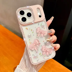 Korea Glitter Bling 3D Pearl Bowknot Phone Case For iPhone 17 Air 16 15 14 13 17 Pro Max Shiny Diamond Bumper Clear Cover