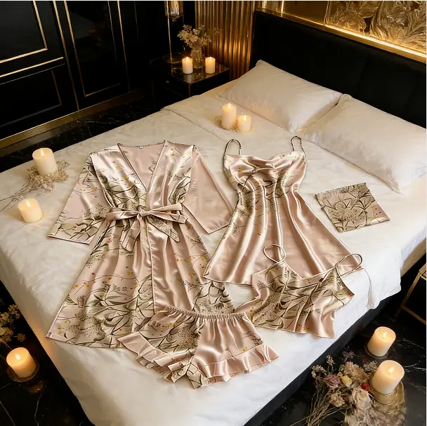 5-PCS Women's Plant Print Satin Pajama Set with Belted Robe, Cowl Neck Cami Nightdress, Backless Cami Top, Elastic Waist Shorts & Storage Bag, Casual Comfortable Women's Sleepwear  Home wear set Homewear Elegant Style Womenswear Pjs Loungewear Lingerie Ch