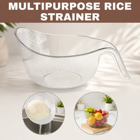 Aesthetic Multifunctional Rice Strainer with Handle - Sturdy BPA-Free Transparent Plastic Kitchen Utensil, Colander for Draining Vegetables, Fruits, Coffee Dispenser Set