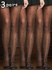 Women's Sexy Versatile 20D Small Wave Point Sheer Stockings, Fitted Plain Design, Casual Style, 3 Pairs, Perfect for Any