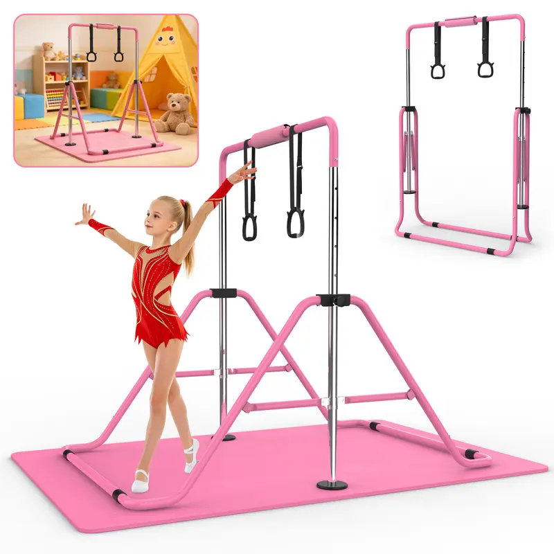 Bellemave Gymnastics Bar Adjustable Height - Foldable Kids Training Pole with Anti-Slip Grip, Double-Lock Steel Frame, Waterproof Mat, 35-51 in Adjustable Beginner Gymnastics Equipment for Ages 3-8