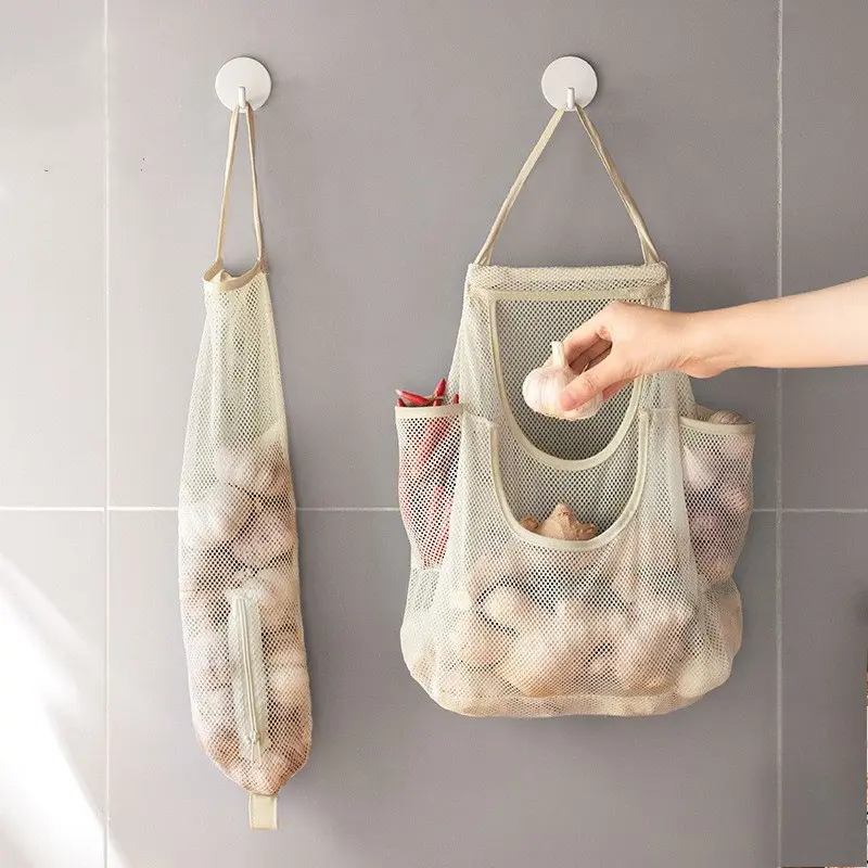 Reusable Mesh Produce Bags, Breathable Hanging Storage Pouch for Veggies, Garlic, Potatoes - Kitchen Organization Must-Have
