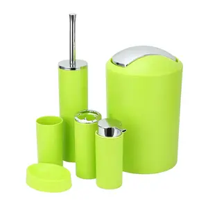 6Pcs Black Bathroom Set - Toothbrush Holder, Soap Dish, Dispenser, Tumbler & Toilet Brush - Green & White Accessories