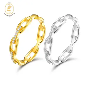 New EOM 14K Gold Plated Moissanite Waterproof Geometric Pave Ring Silver-Plated Unisex Chained Ring Silver-Plated  Hip Hop Jewelry Perfect Birthday Engagement Wedding Anniversary Gift for Men Women
