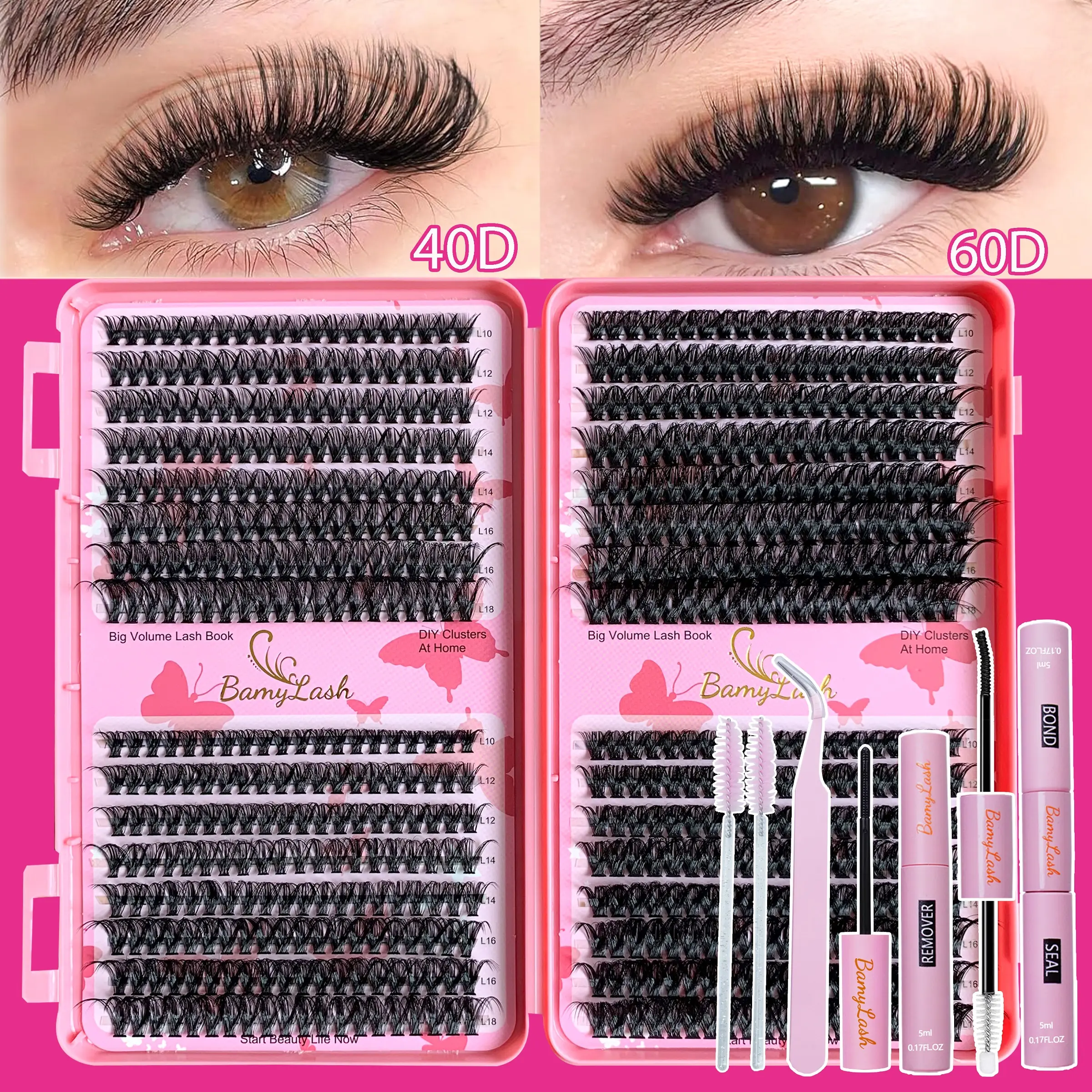 640pcs Eyelash Extension Set, 10-18mm Wide Band False Lashes, Fluffy Lash Clusters, Voluminous false eyelashes, DIY Volume Eyelashes, D Curl Cluster DIY Supplies, 40D Individual Eyelashes with Bond & Remover & Tweezers