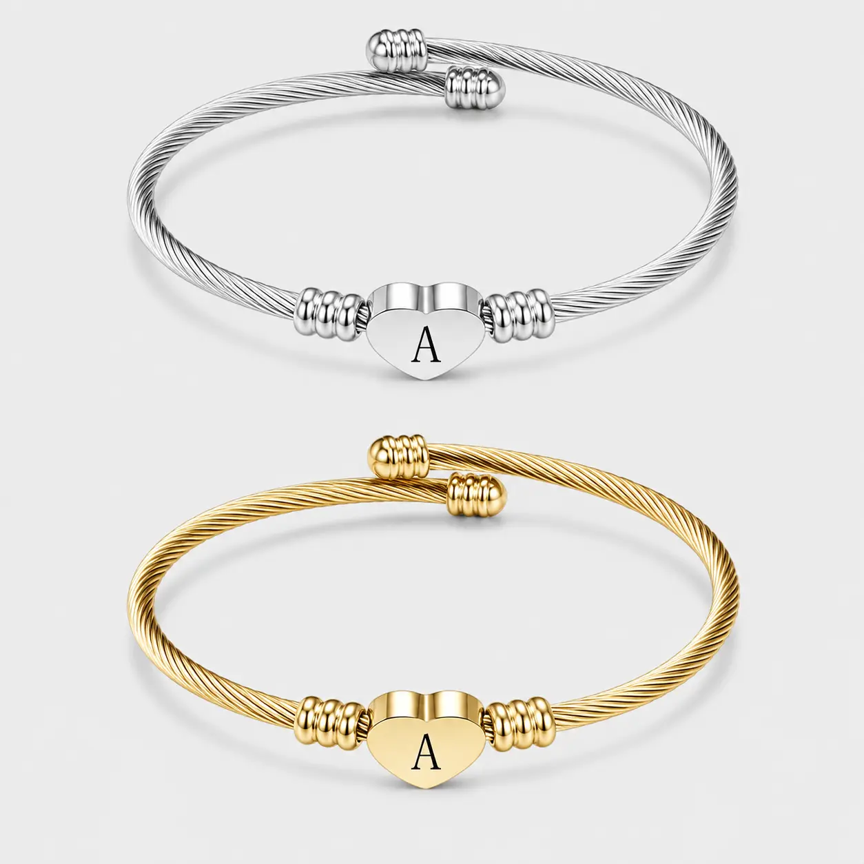 Initial Letter Stainless Steel Cuff Bracelet For Women 26 Alphabet Heart Charm Bangle Female Fashion Birthday Party Jewelry