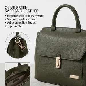 Olive Green Saffiano Leather Women's Handbag with Gold-Tone Hardware Secure Turn-Lock Clasp Adjustable Side Straps Top Handle