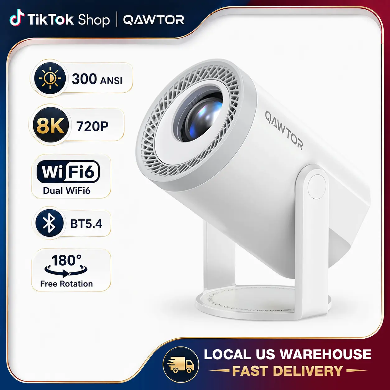 Ultra-Bright 300 Lumens Portable Mini Projector, 4K Decoding Smart Projector with 0.9:1 Short Throw, 360° Focus Ring & Up to 235" Big Screen for Home Theater Bedroom Travel,Android 14.0,Portable Miniature