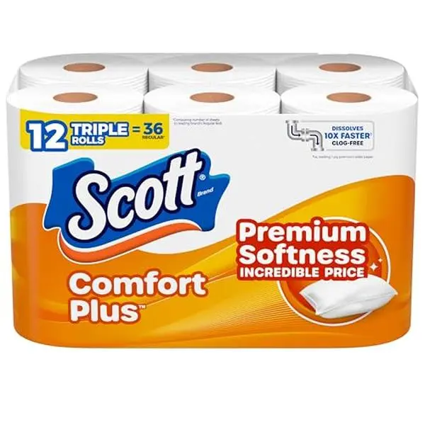 ComfortPlus Toilet Paper, 12 Triple Rolls, 231 Sheets per Roll, Septic-Safe, 1-Ply Toilet Tissue