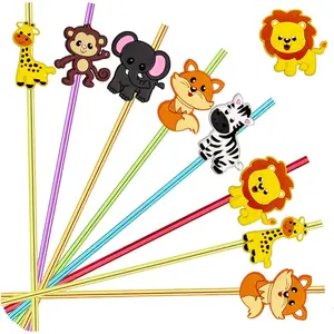 24 count  Forest  Crazy Straws, Drink  Straws for Lion Fox  Giraffe Safari Birthday Party Supplies Favors, Woodland Party Favors with 2 Cleaning Brushes 6 Colors