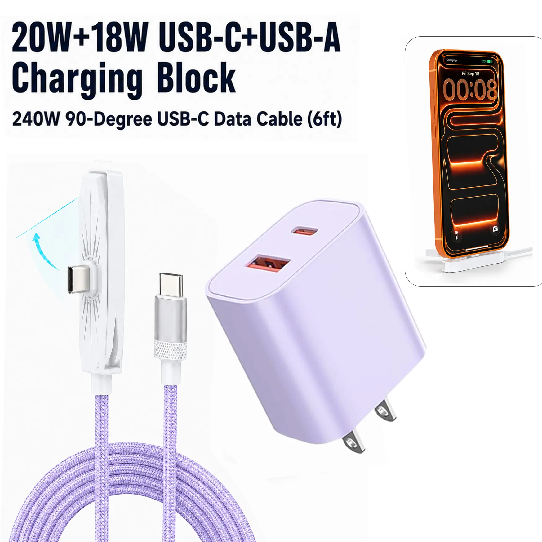 FJAONEM 240W 2-in-1 Hidden-Installation Fast Charging Kit - 90-Degree 6ft USB-C Data Cable, 20W+18W USB-C+USB-A Portable US Plug Charging Block, Compatible with iPhone 17/16 Pro Max, Galaxy S26 Ultra Foldable Connector for Mobile Devices