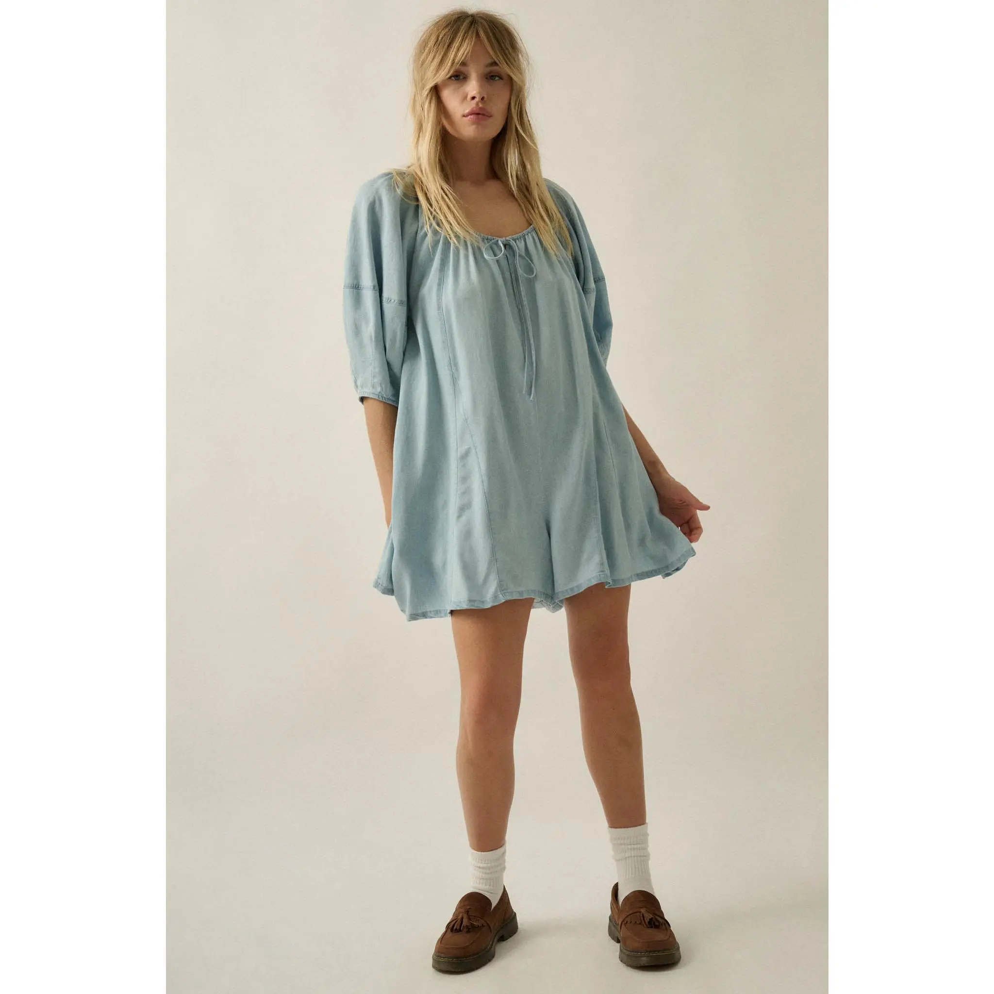 Beyond the Clouds Denim Puff-Sleeve Babydoll Romper
