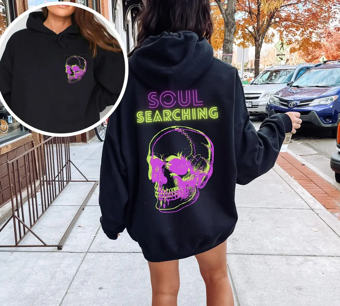 Soul-Searching Neon Skull Hoodie, Trippy Skeleton Sweatshirt, Oversized Retro, Steamwave Clothing, Edgy, Soft Grunge, Rave Outfit, Unisex