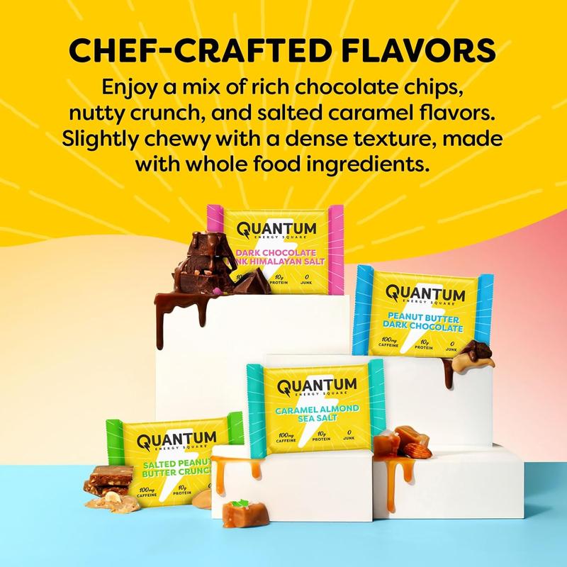 Quantum Energy Square: 100mg Caffeine & 10g Protein Energy Bar. Vegan, Gluten-Free, Soy-Free, Dairy-Free. 8-Pack Variety Pack. Perfect for Work, School, Travel.