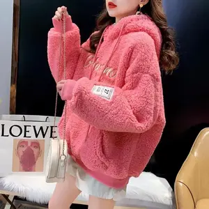 Thickened Fleece Hooded Sweatshirt Women's Overhead Lamb Fur Jacket Winter Warm Pullover Hat Coat Trendy Casual Hoodie