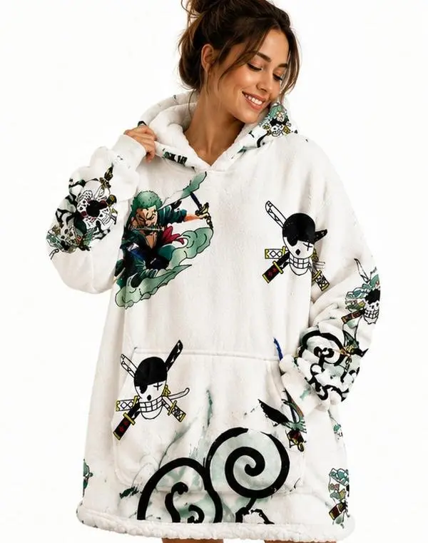 Zoro Swordsman Oversized Blanket Hoodie – Ultra Soft Sherpa Fleece Wearable Blanket | Anime Inspired Cozy Hooded Blanket