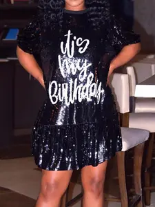 Plus Size Glitter Letter Pattern Ruffle Hem Butterfly Sleeve Sequins Dress, Plus Stylish Sparkly Short Sleeve Round Neck Short Dress for Summer