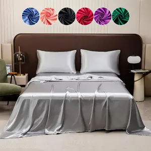 Solid Color Satin Bedding Set, 4 Counts/set Including 1 Fitted Sheet & 1 Bed Sheet & 2 Pillowcases, Bedding Supplies for Home Bedroom Hotel, Satin Bed Sheets