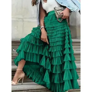 Elegant Green Tulle Maxi Skirt with Elastic Waist - High-Low Ruffled Hem, Pleated Layers, Polyester, Perfect for Spring