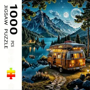 1000 Piece Lake Camping RV Theme Puzzle, Jigsaw Puzzle, Large Adult Family Interactive Toy, DIY Home Decor Brain Challenge, Holiday Scene, Mixed Colors