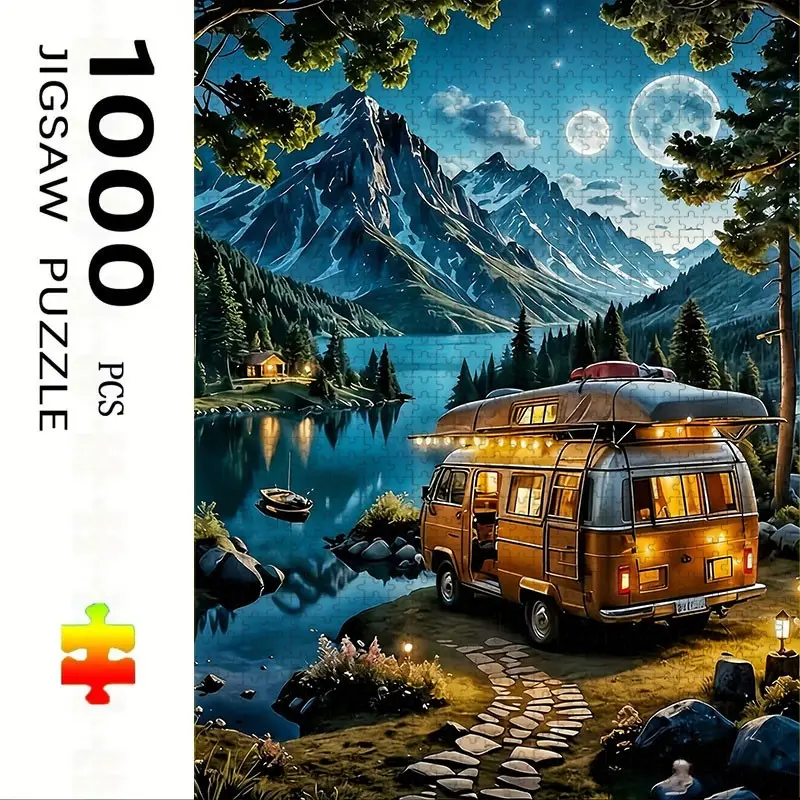 1000 Piece Lake Camping RV Theme Puzzle, Jigsaw Puzzle, Large Adult Family Interactive Toy, DIY Home Decor Brain Challenge, Holiday Scene, Mixed Colors, Creative Puzzle