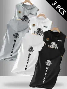 Men's Casual Sporty Mexican Patriotic Tank Top 3 Pack, Drawstring Design, Soft Comfortable Daily Wear, Multifunctional Fashion Gym Essential