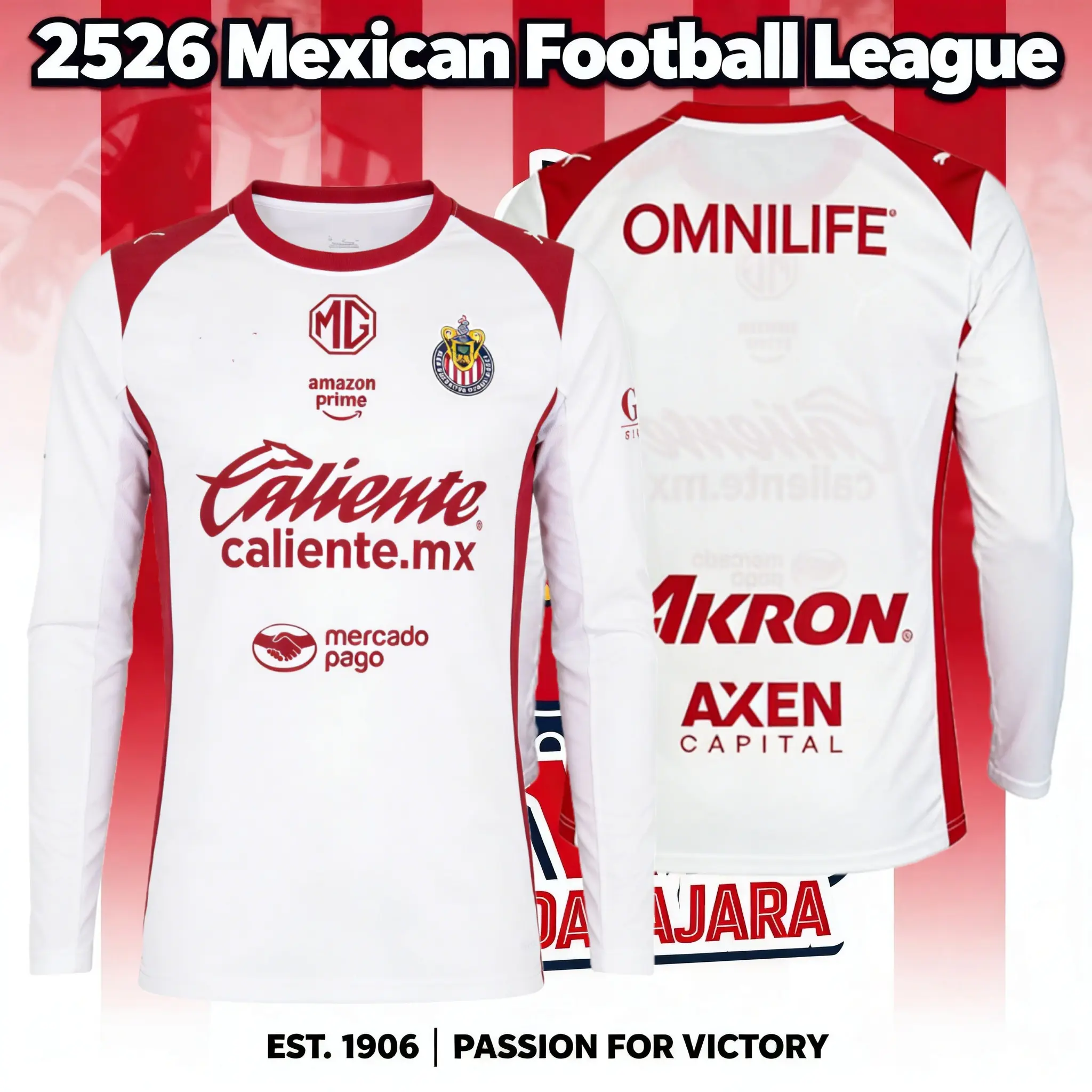2526 Chivas CD Guadalajara Away Jersey Vintage Mexico Red and White Stripe Long Sleeve Top Football Jersey LIGAMX