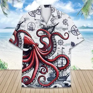 Octopus Hawaiian Shirts Men Women Youth, Pirate Ship And Octopus Aloha Summer Beach Shirt Button Down Short Sleeve, Ocean Octopus Shirt