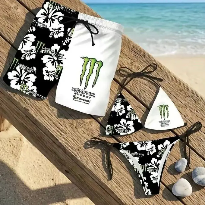 Matching Monster Floral Couple Swimwear Sets - Women's Swim Bra & Tie-Side Thong Bikini, Men's Beach Shorts, Summer Vacation Hawaiian Sports Swimwear