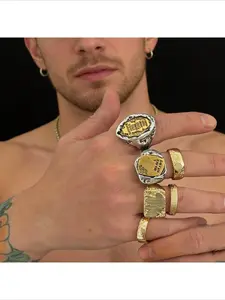 Vintage Two-Tone Signet Ring Set | Stackable Textured Gold & Silver Statement Rings for Men | Gothic Biker Jewelry for Everyday, Streetwear & Casual Outfits