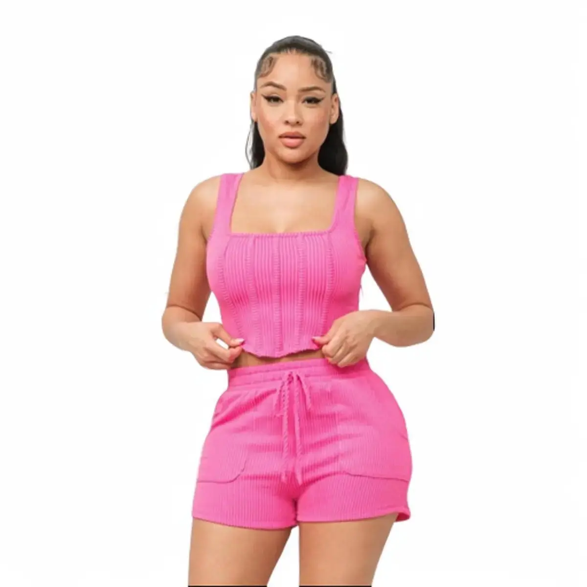 Djoune Wave Rib Sleeveless Solid Square Neck Corset Style Shorts Set. Casual Fabric
