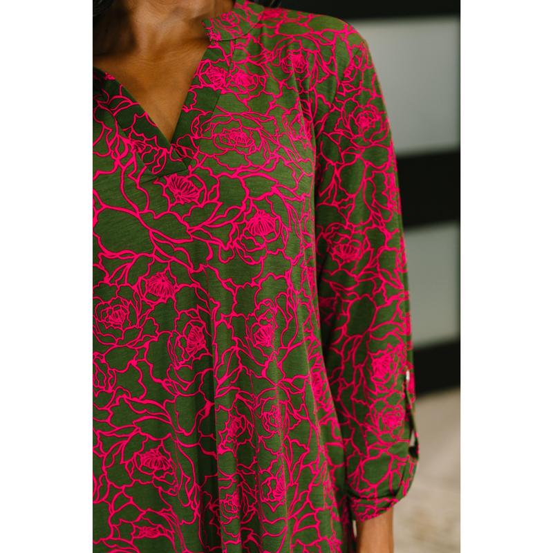 Lizzy Long Sleeve Dress in Pink and Olive Abstract Floral