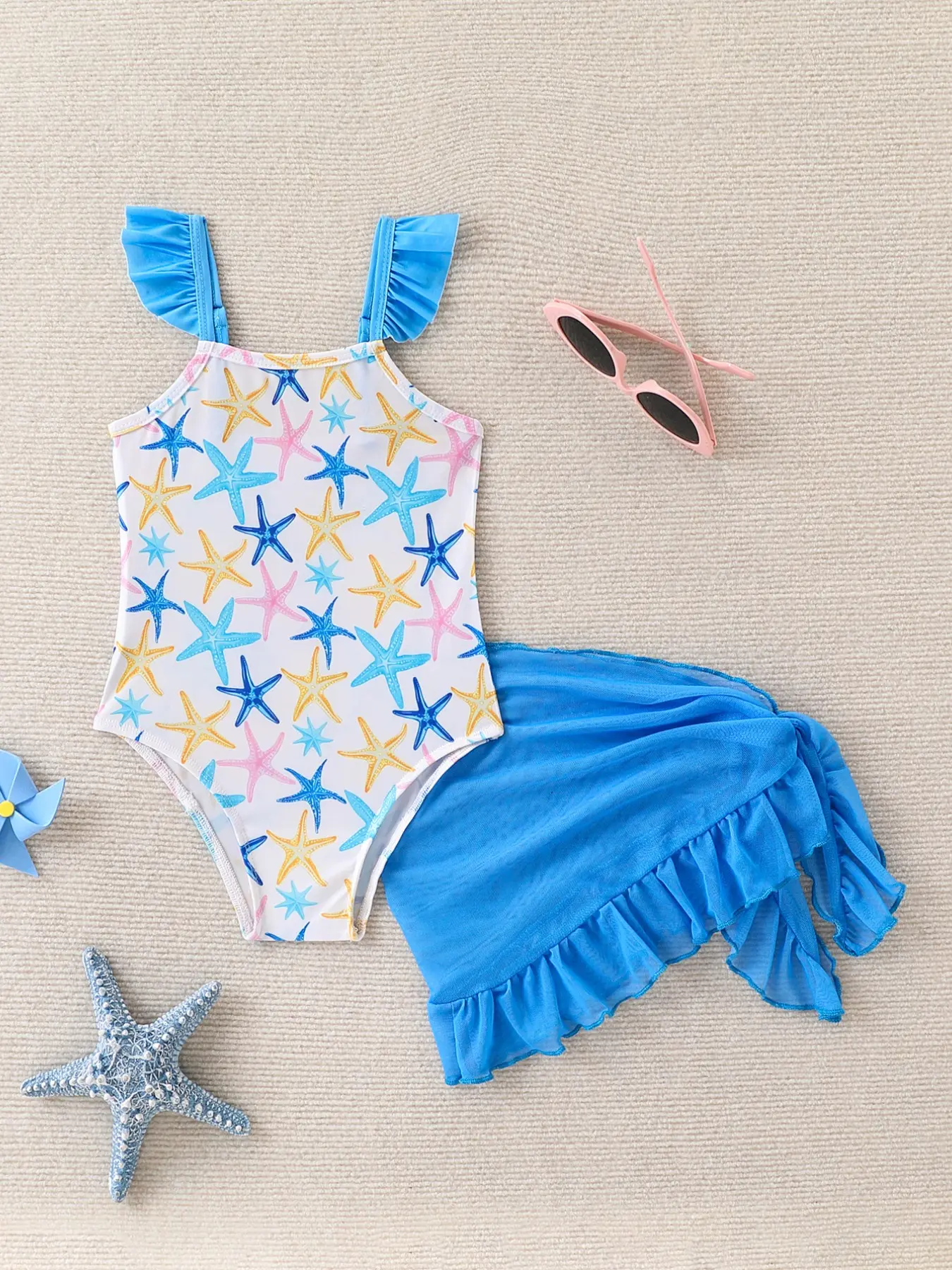 Girls' Cute Starfish Print Two Piece Swimsuit Set with Ruffled Cover-Up, Quick-Dry Beach Pool Resort, Summer Swimwear Outfits for Kids, Childrens Swimwear