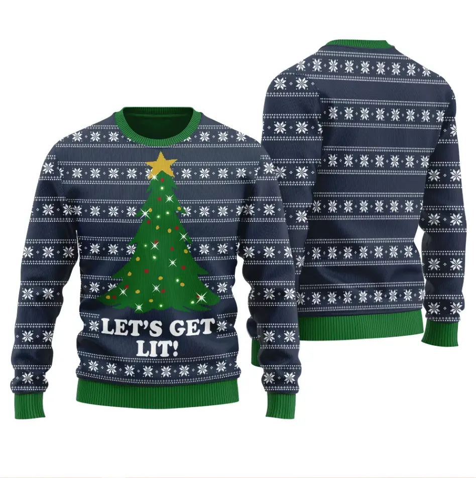 Funny Let’s Get Lit Christmas Sweater – Light-Up Holiday Tree Knit Pullover | Ugly Xmas Sweater for Men & Women