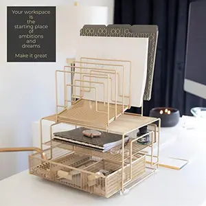 BLU MONACO Workspace Gold Desk Organizer with File Sorters and Drawer - 13" x 9.3" x 16", 12.25" x 8.75" x 2.75"