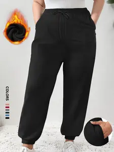 Plus Drawstring Waist Fleece Jogger Pants for Women, Stylish Comfy Pocket Running Trousers, Perfect for Gym and Casual Wear
