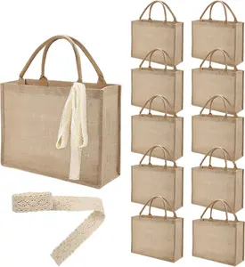 10 Pack Large Burlap Tote Bags Bulk,  Jute Tote Bag with 10Yd Ribbon Blank Burlap  Bag with Handle  Beach Tote Bag for Shopping Bridesmaid  Bag 15.3'' x 12.2'' x 5.9''