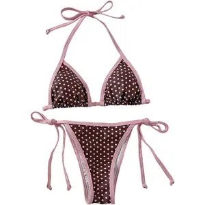 BEAUDRM Women's 2 Piece Gingham Bikini Set Cute Triangle Thong Bikini Halter String Bathing Suit High Cut Cheeky Swimsuit
