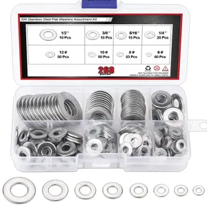268 count 8 Sizes Flat Washers Assortment Kit, 1/2 3/8 5/16 1/4 12# 10# 8# 6#, 304 Stainless Steel