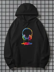 Headphones Print Hoodie - Long Sleeve, Knit Fabric, Relaxed Fit, Full Size, Fashionable Graphic Print, Perfect for Casual Outings and Daily Wear, Black White Red Grey Navy Fleece Menswear Breathable Cloud