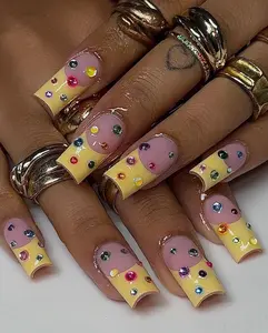 Colorful 3D French Tip Press On Nails | Hand Painted Spring Nails | Rainbow Rhinestone Acrylic | Boho Chic Set | Nail Gems For Spring Party